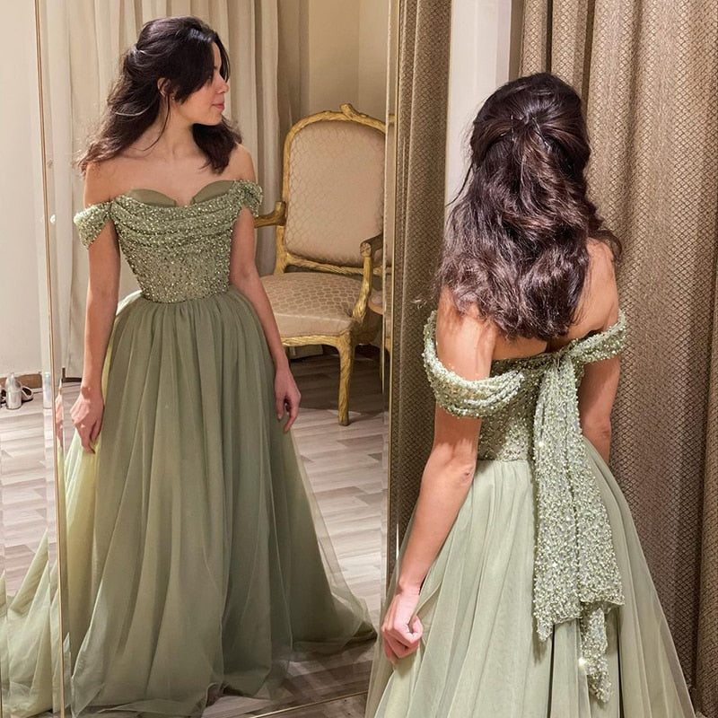 Dreamy Vow Elegant Off Shoulder Sage Evening Dresses for Women Wedding Guest Luxury Beaded Arabic Long Formal Party Gown 314