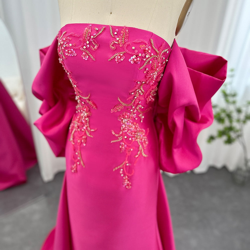 Dreamy Vow Fuchsia Mermaid Dubai Luxury Evening Dresses with Cape Shawl 2023 Arabic Women Long Wedding Party Guest Gowns 296