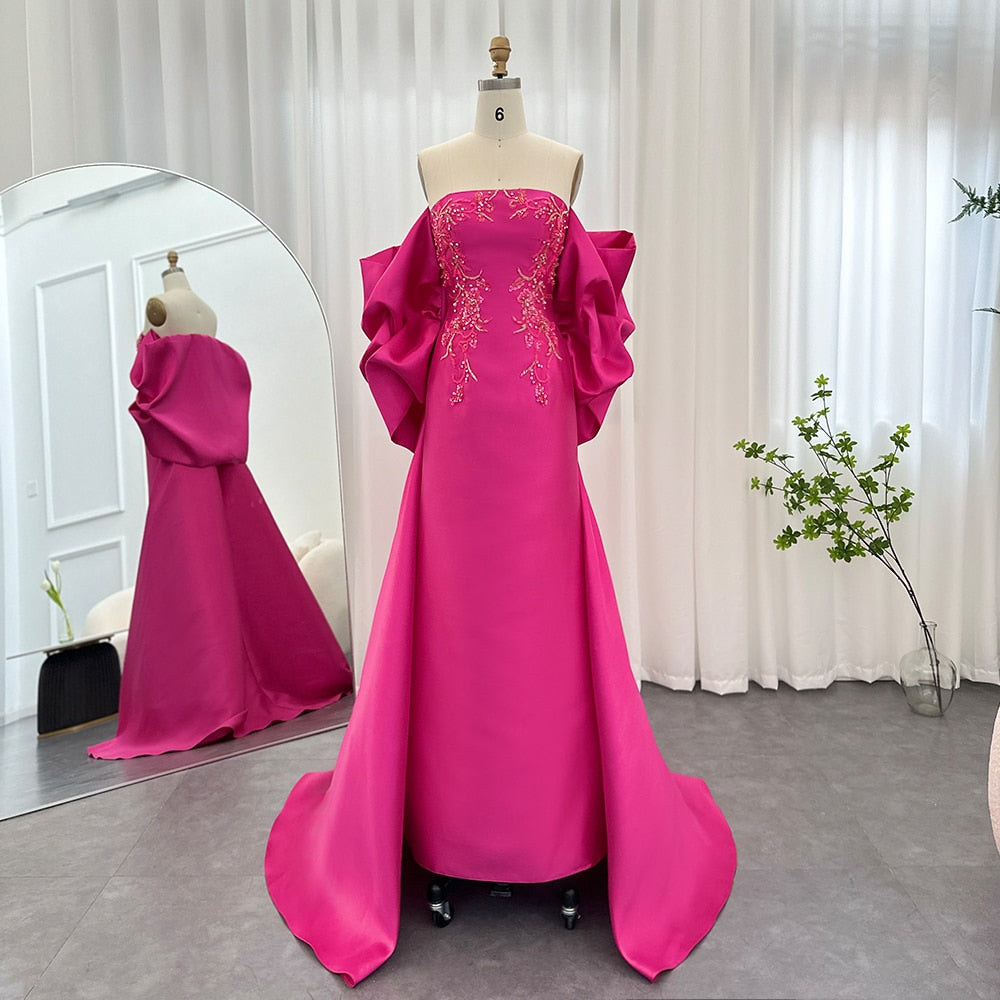 Dreamy Vow Fuchsia Mermaid Dubai Luxury Evening Dresses with Cape Shawl 2023 Arabic Women Long Wedding Party Guest Gowns 296