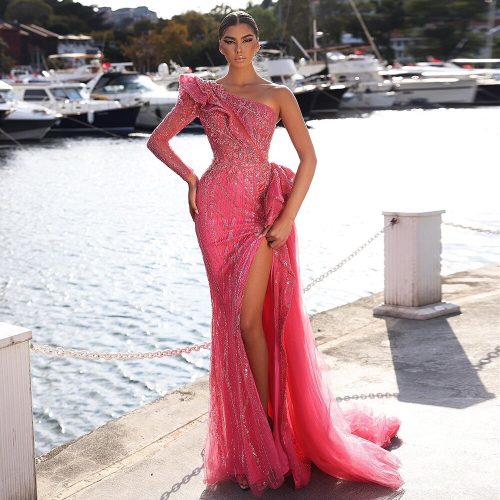 Dreamy Vow Fuchsia One Shoulder Luxury Dubai Evening Dresses 2023 Arabic Side Slit Mermaid Prom Formal Dress for Wedding 360