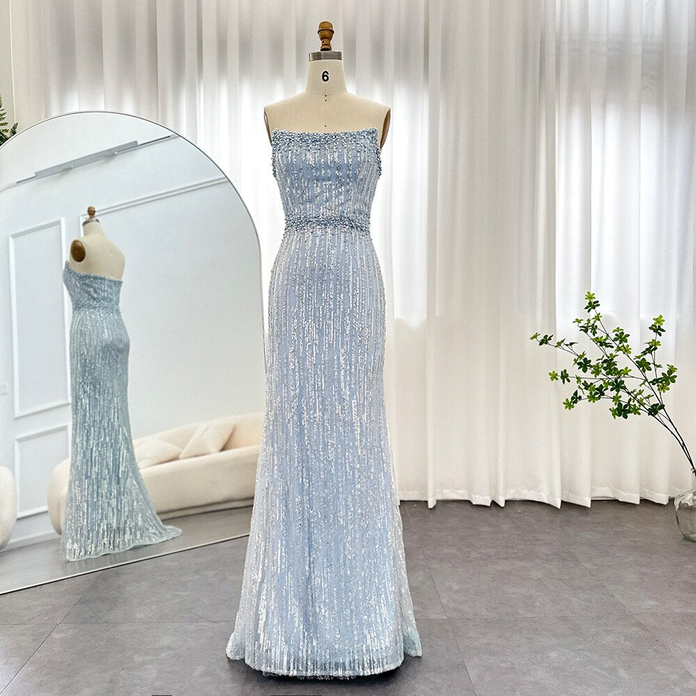 DreamyVow Light Blue Pearls Luxury Dubai Evening Dresses 2023 Elegant Strapless Arabic Women Wedding Party Formal Gowns 395