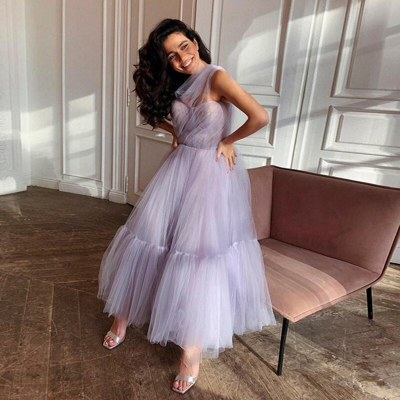 Dreamy Vow Lilac Tulle One Shoulder Short Evening Dress Ruffled Tea Length Pink Cocktail Party Gowns Women Prom Formal Dresses