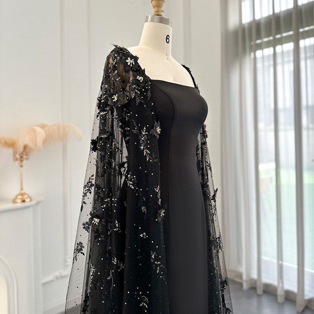 Dreamy Vow Luxury 3D Flowers Black Satin Arabic Evening Dress with Cape Elegant Mermaid Long Women Formal Party Gowns 479