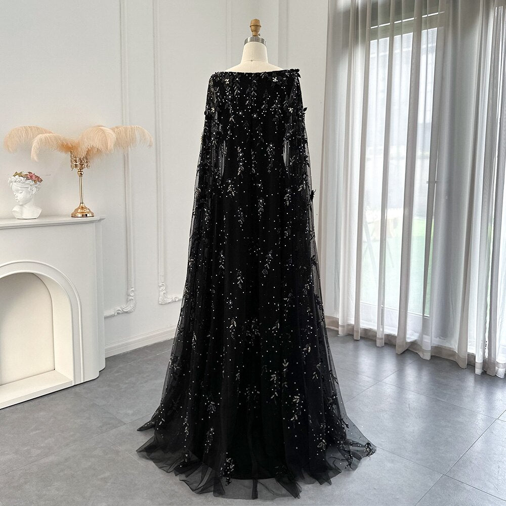 Dreamy Vow Luxury 3D Flowers Black Satin Arabic Evening Dress with Cape Elegant Mermaid Long Women Formal Party Gowns 479