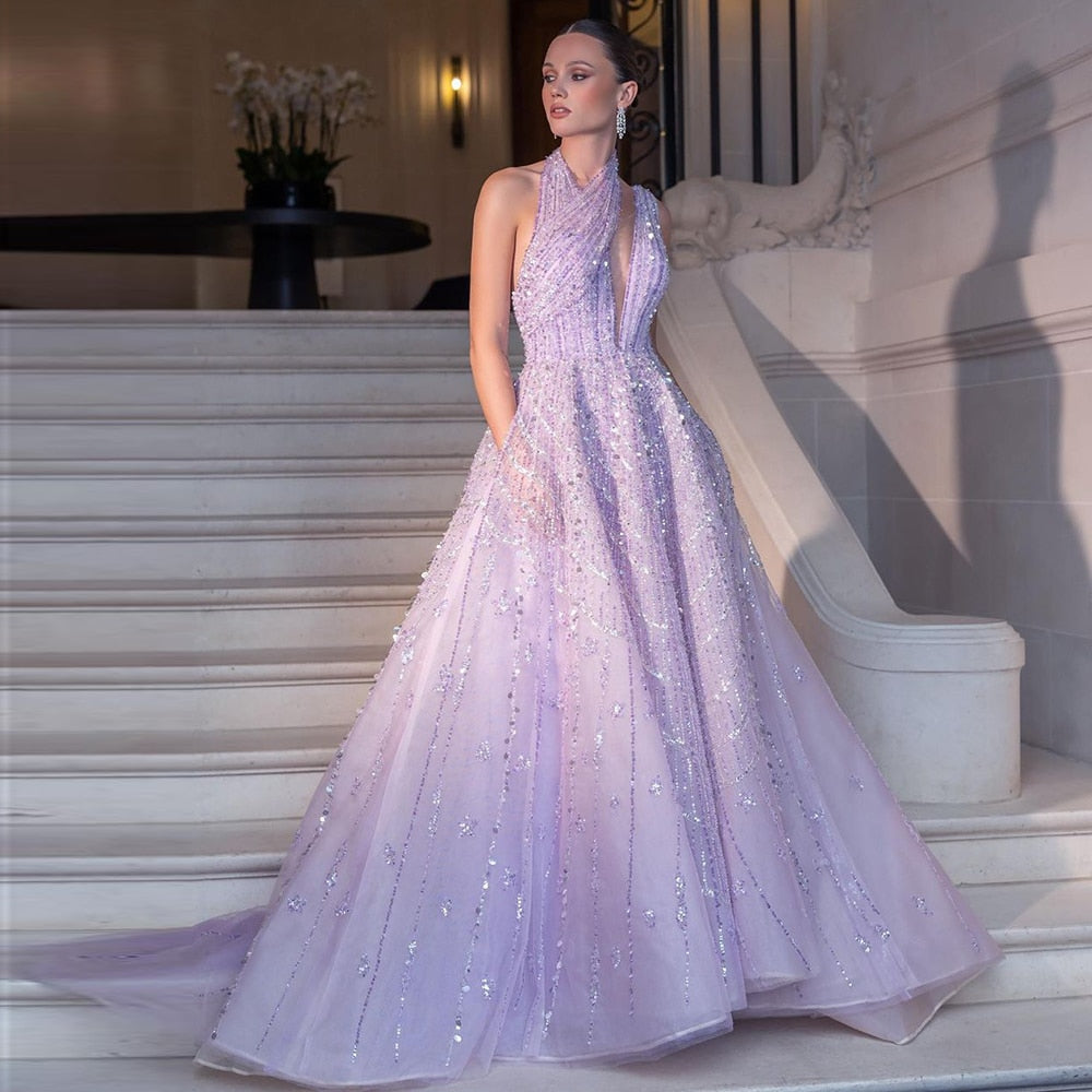 DreamyVow Luxury Beaded Dubai Lilac Evening Dresses for Women Wedding Party 2023 Elegant Long Arabic Prom Formal Gowns 329