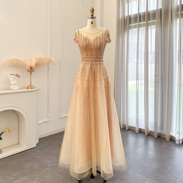 Dreamy Vow Luxury Beaded Pale Pink Long Evening Dresses for Women Wedding Elegant Gold Arabic Plus Size Formal Party Gown 059