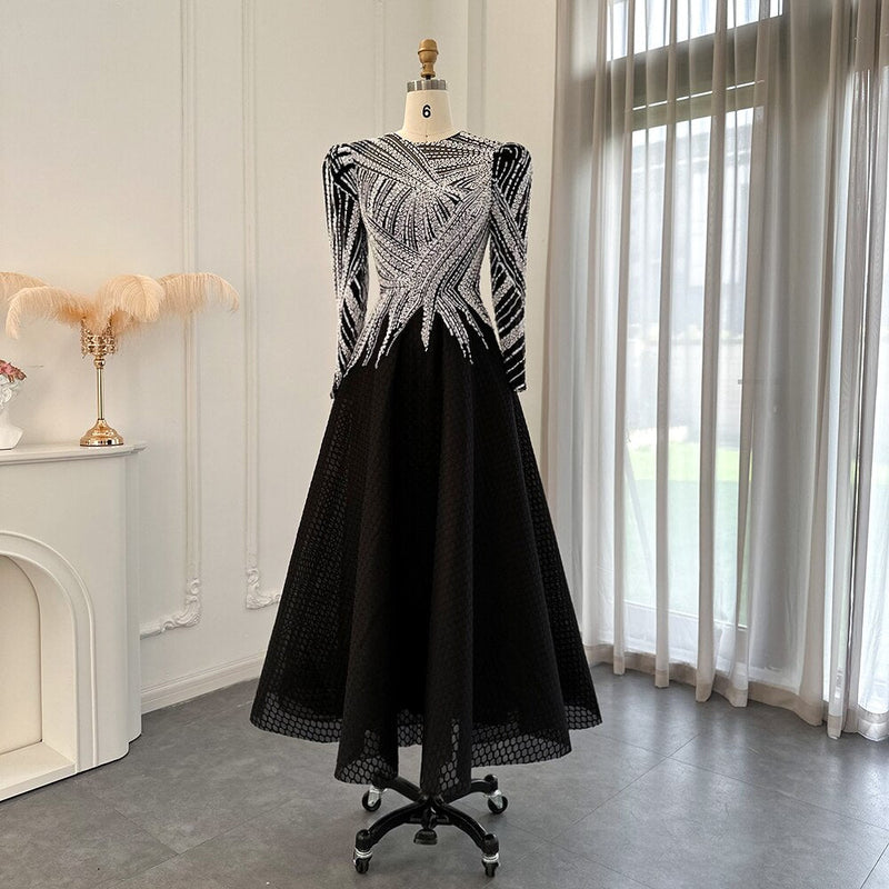 Dreamy Vow Luxury Black Short Muslim Evening Dress Long Sleeve 2023 Elegant A-Line Arabic Women Party Prom Formal Dresses 212