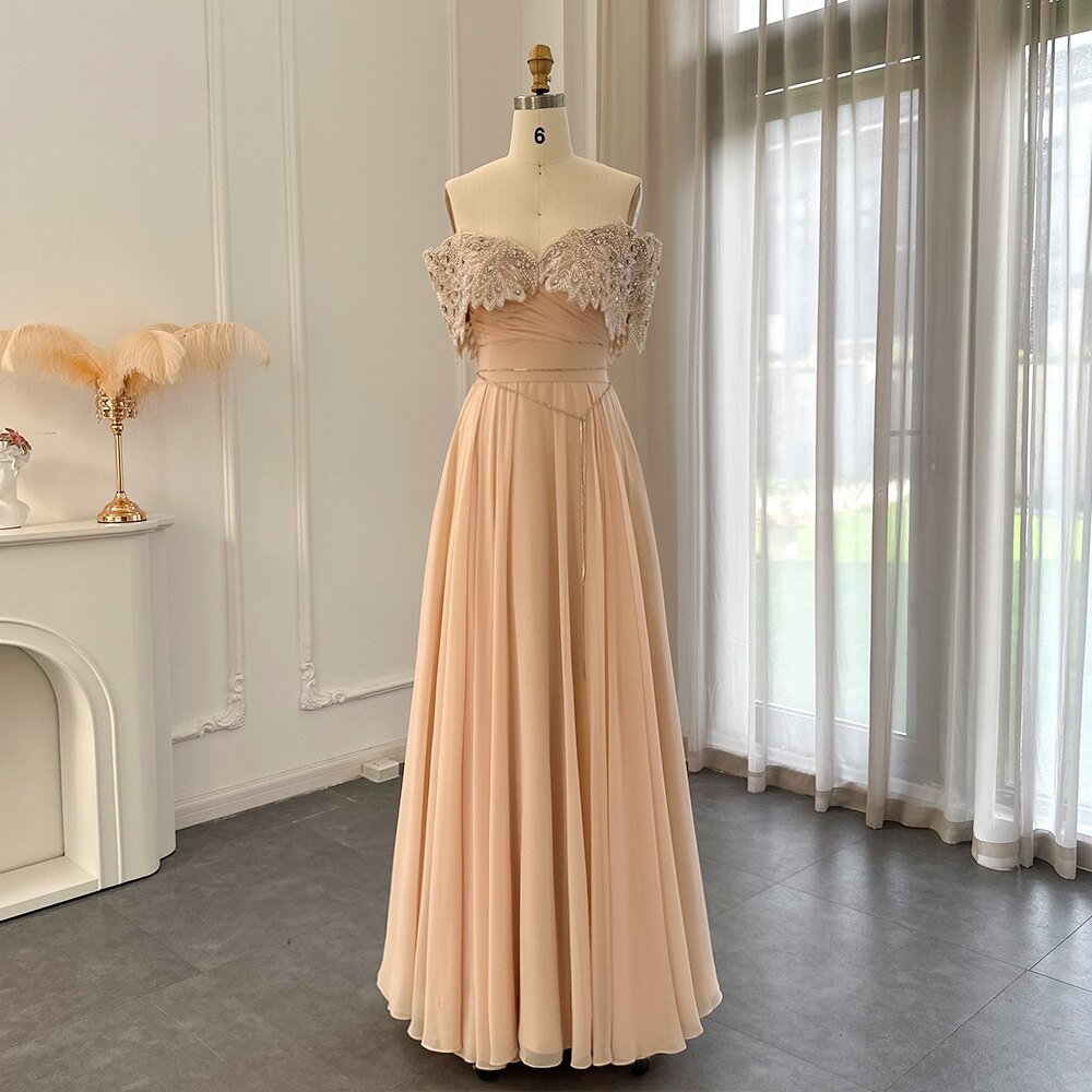 Dreamy Vow Luxury Crystal Champagne Dubai Evening Dress for Women Wedding Guest Party Elegant Long Arabic Formal Dresses 302