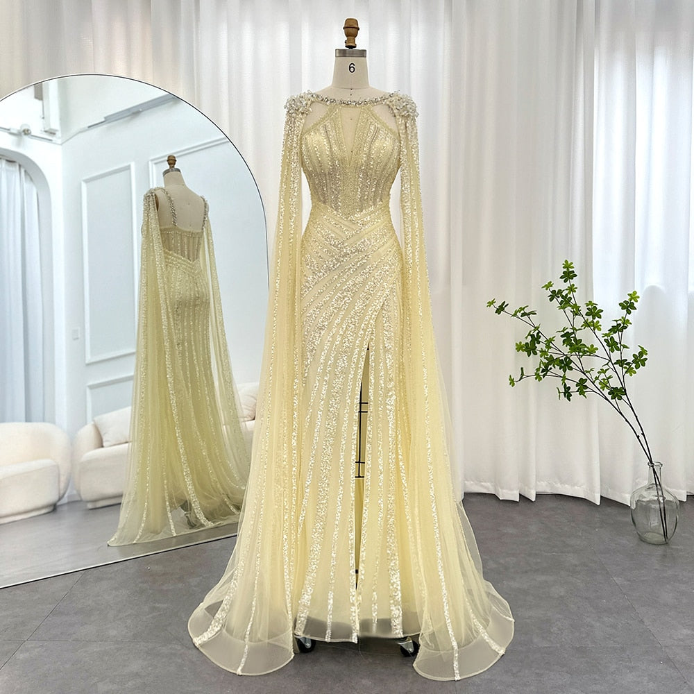 Dreamy Vow Luxury Crystal Dubai Yellow Evening Dress with Cape Sleeves 2023 Lilac Arabic Mermaid Women Wedding Party Gown 203