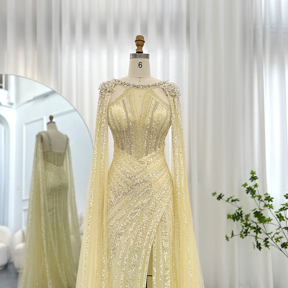 Dreamy Vow Luxury Crystal Dubai Yellow Evening Dress with Cape Sleeves 2023 Lilac Arabic Mermaid Women Wedding Party Gown 203