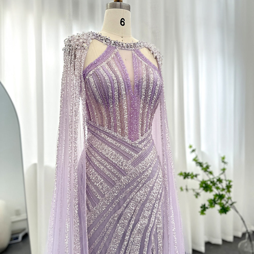 Dreamy Vow Luxury Crystal Dubai Yellow Evening Dress with Cape Sleeves 2023 Lilac Arabic Mermaid Women Wedding Party Gown 203