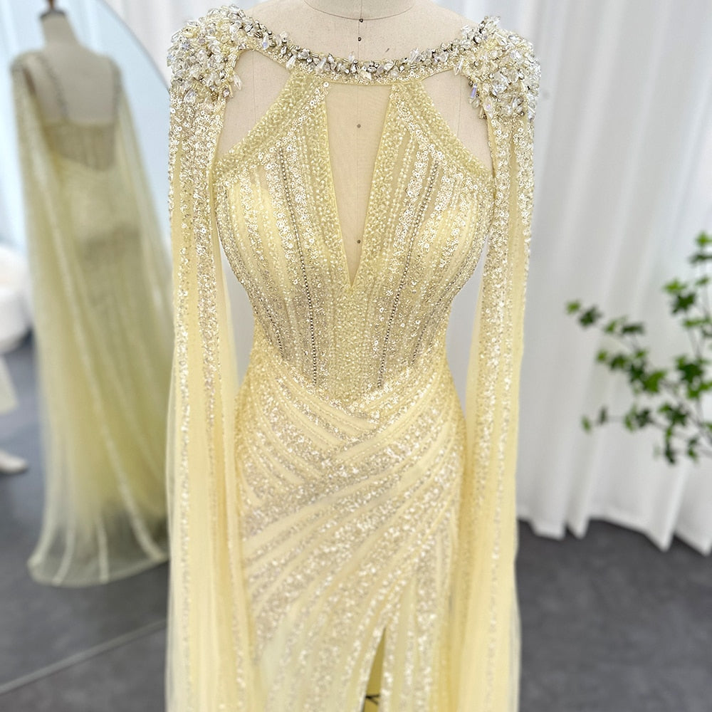 Dreamy Vow Luxury Crystal Dubai Yellow Evening Dress with Cape Sleeves 2023 Lilac Arabic Mermaid Women Wedding Party Gown 203