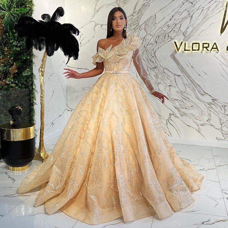 Dreamy Vow Luxury Dubai Ball Gown Gold Evening Dresses for Women Wedding 2023 Elegant One Shoulder Prom Formal Party Gown 359