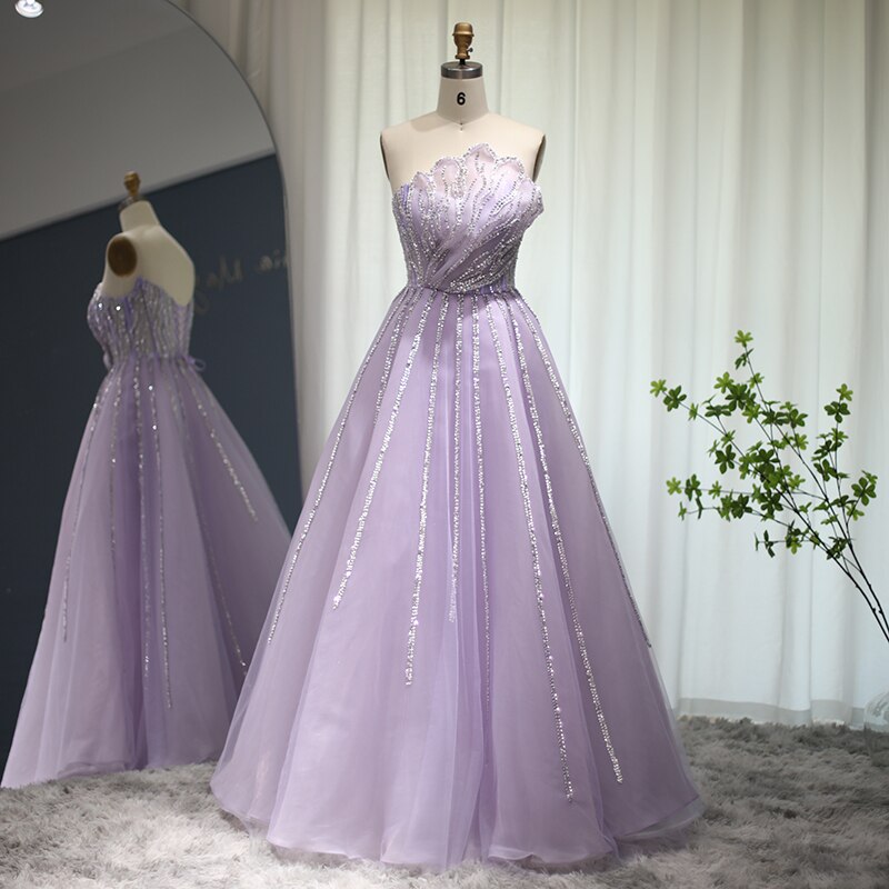 Dreamy Vow Luxury Dubai Beaded Lilac Evening Dress Elegant Scalloped Arabic Women Formal Prom Dresses for Wedding Party 247