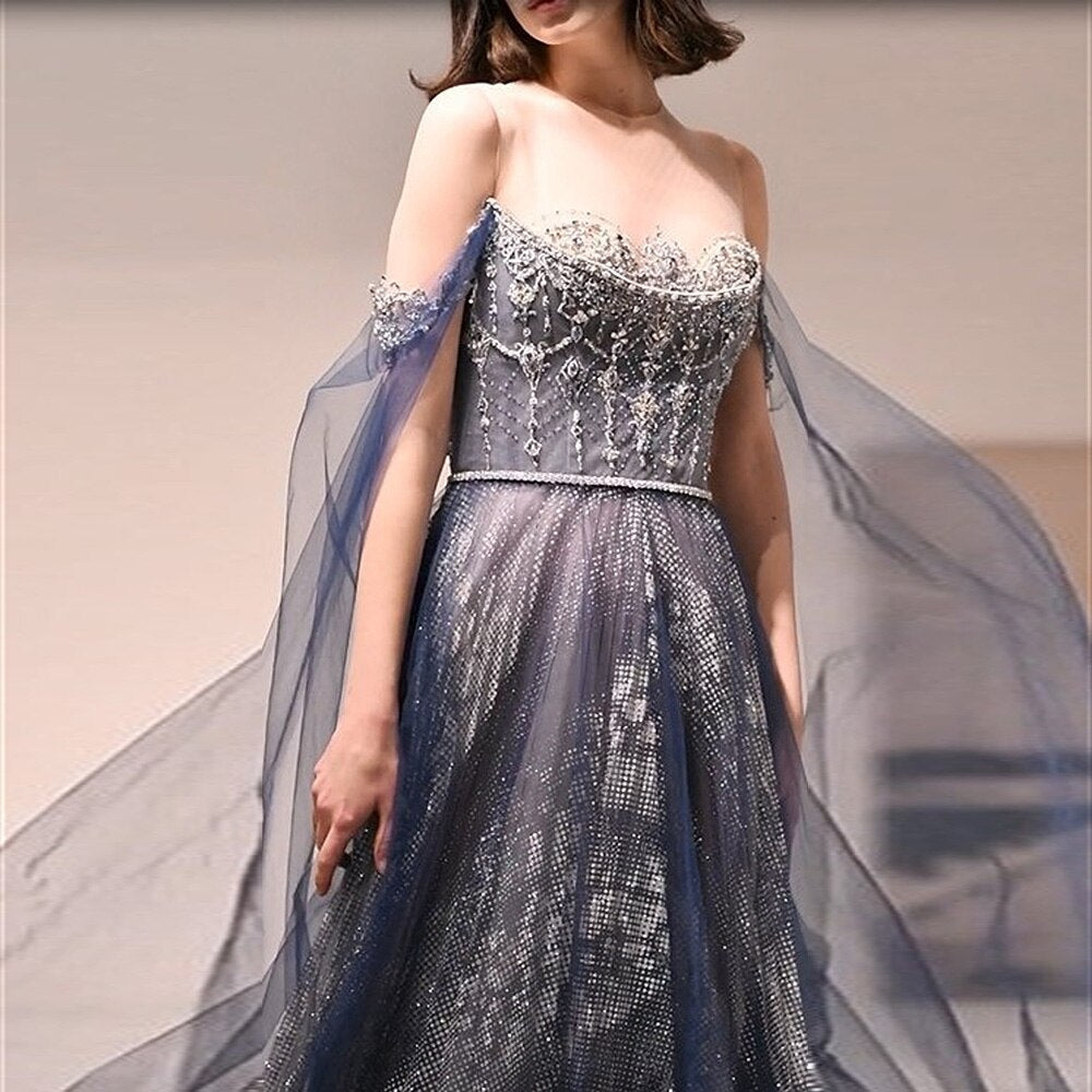 Dreamy Vow Luxury Dubai Blue Evening Dress with Cape Sleeves Elegant Arabic Women Prom Formal Dresses for Wedding Party 300