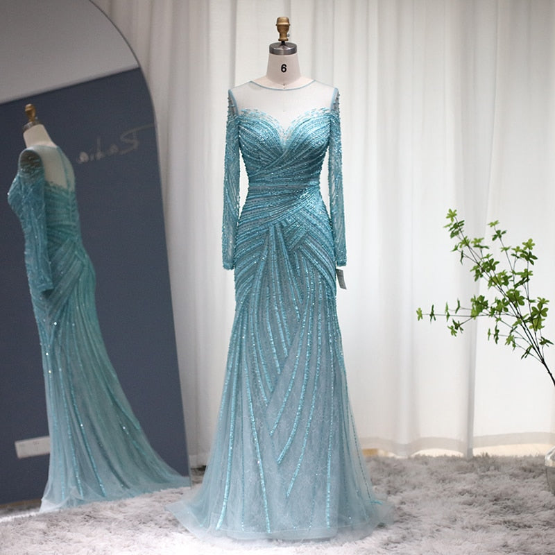 DreamyVow Luxury Dubai Blue Mermaid Evening Dresses for Women Wedding 2023 Elegant White Long Sleeve Formal Prom Gowns 112