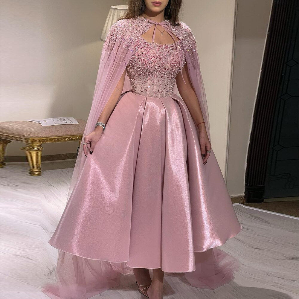 Dreamy Vow Luxury Dubai Blush Pink Arabic Evening Dress with Cape Ankle Length Short Midi Women Wedding Party Dress 392