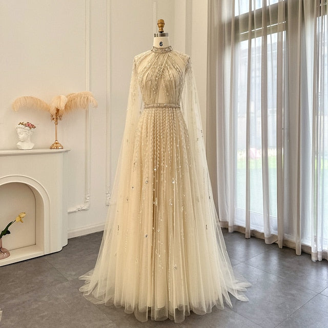 Dreamy Vow Luxury Dubai Evening Dress with Cape Sleeve 2023 Elegant Long Arabic Formal Dresses for Women Wedding Party 495