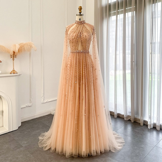 Dreamy Vow Luxury Dubai Evening Dress with Cape Sleeve 2023 Elegant Long Arabic Formal Dresses for Women Wedding Party 495