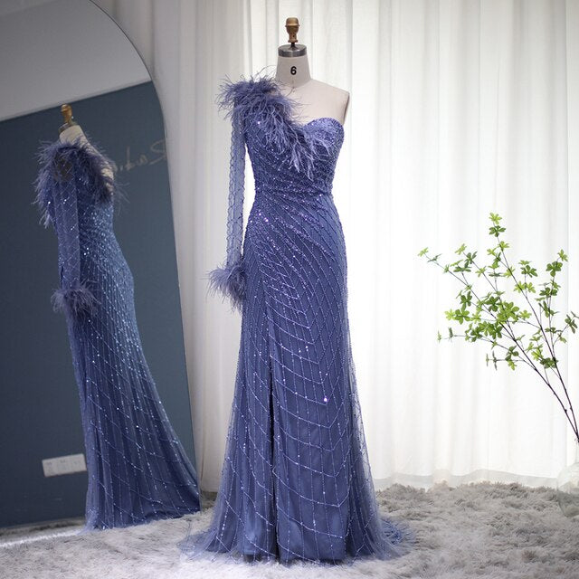 Dreamy Vow Luxury Dubai Feather Blue Mermaid Evening Dress Sexy One Shoulder High Slit Prom Party Dress for Women Wedding 229