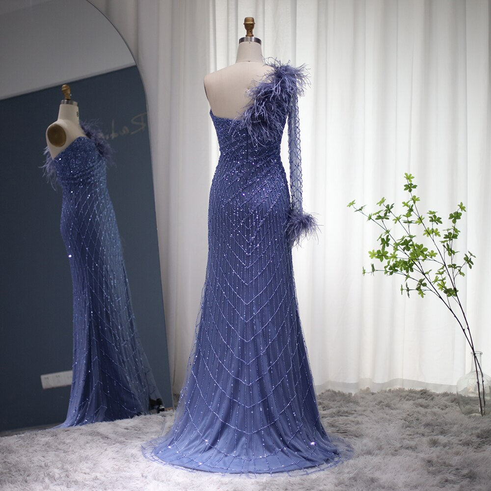 Dreamy Vow Luxury Dubai Feather Blue Mermaid Evening Dress Sexy One Shoulder High Slit Prom Party Dress for Women Wedding 229