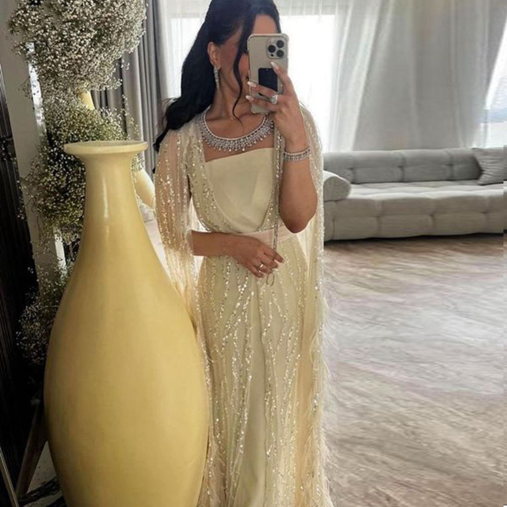 DreamyVow Luxury Dubai Feathers Light Yellow Evening Dresses with Cape Sleeves Arabic Purple Women Wedding Party Gowns 420