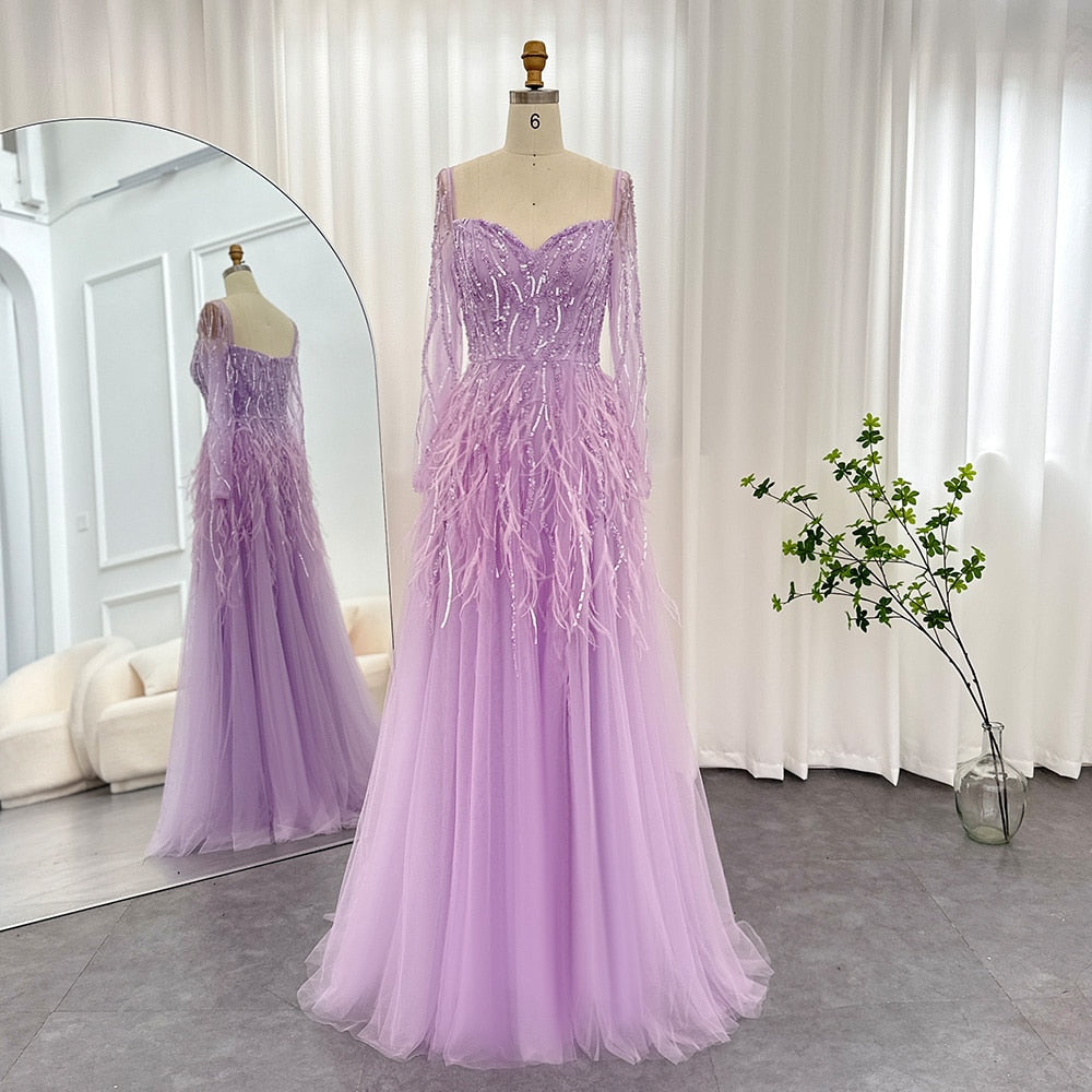 Dreamy Vow Luxury Dubai Feathers Lilac Evening Dresses for Women Wedding Elegant Emerald Green Arabic Formal Party Gowns 351