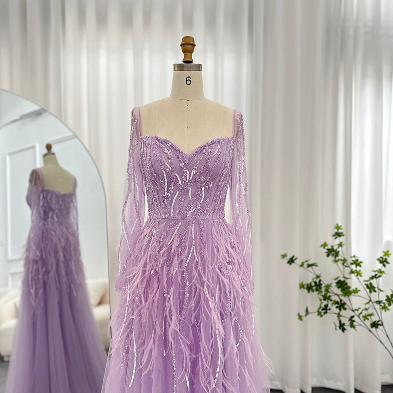 Dreamy Vow Luxury Dubai Feathers Lilac Evening Dresses for Women Wedding Elegant Emerald Green Arabic Formal Party Gowns 351