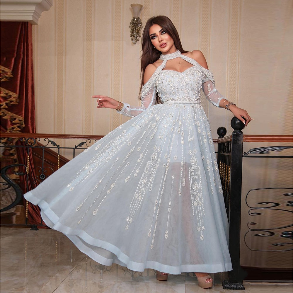 Dreamy Vow Luxury Dubai Light Blue Evening Dress for Women Wedding Elegant Off Shoulder Beaded Arabic Formal Party Gowns 418