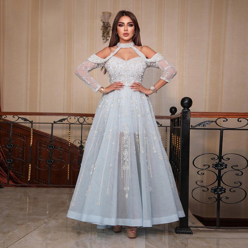 Dreamy Vow Luxury Dubai Light Blue Evening Dress for Women Wedding Elegant Off Shoulder Beaded Arabic Formal Party Gowns 418