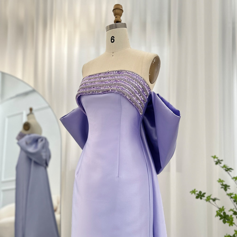 DreamyVow Luxury Dubai Lilac Arabic Evening Dresses with Bow Cape Beaded 2023 Elegant Women Wedding Formal Party Gowns 319