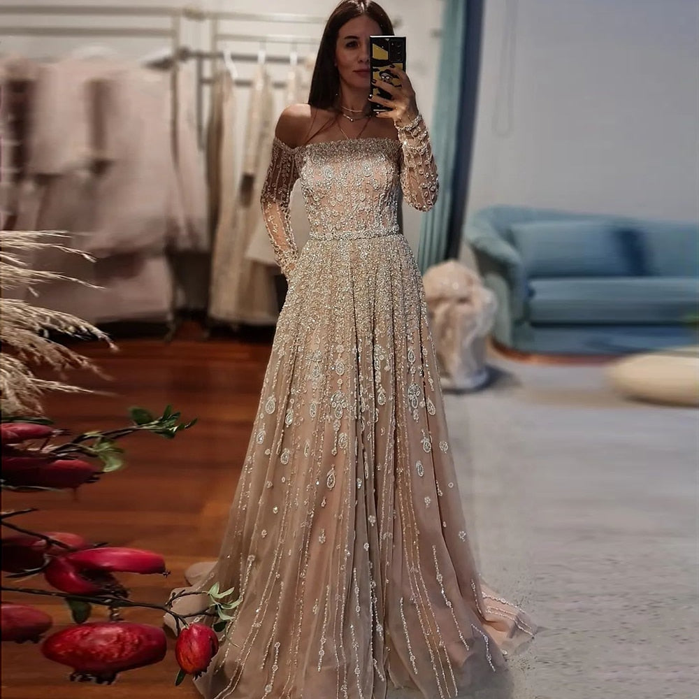 Dreamy Vow Luxury Dubai Nude Evening Dress 2023 Elegant Off Shoulder Long Sleeves Arabic Lilac Women Wedding Pary Gowns 489