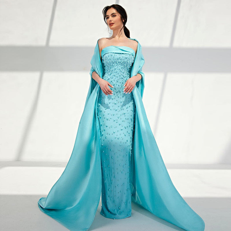 Dreamy Vow Luxury Dubai Pearls Mint Green Evening Dresses with Cape 2023 Sage Elegant Women Wedding Formal Party Gowns 378