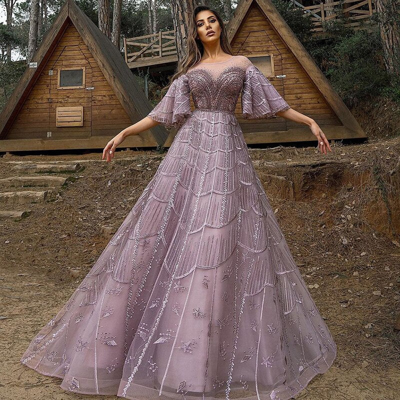 DreamyVow Luxury Dubai Pink Evening Dresses Flare Sleeve Burgundy Arabic Plus Size Formal Dress for Women Wedding Party 057