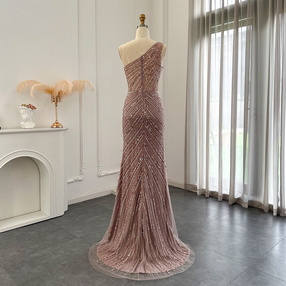 Dreamy Vow Luxury Dubai Pink Feathers Evening Dress One Shoulder High Slit Mermaid Prom Formal Dresses for Women Wedding 228