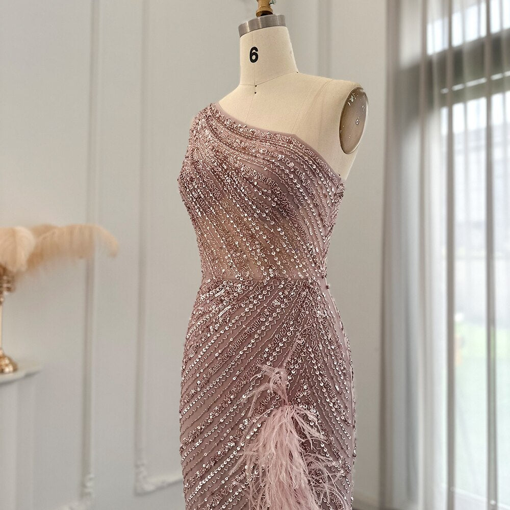 Dreamy Vow Luxury Dubai Pink Feathers Evening Dress One Shoulder High Slit Mermaid Prom Formal Dresses for Women Wedding 228