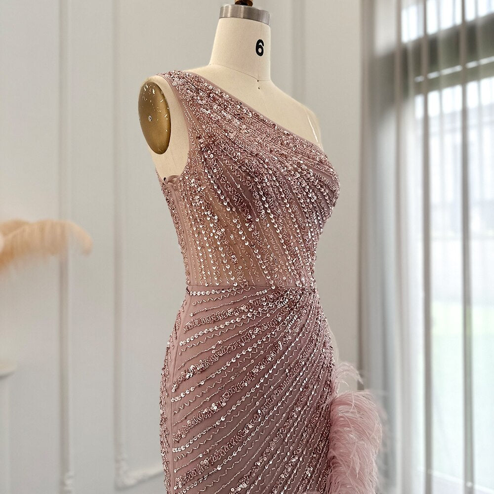 Dreamy Vow Luxury Dubai Pink Feathers Evening Dress One Shoulder High Slit Mermaid Prom Formal Dresses for Women Wedding 228