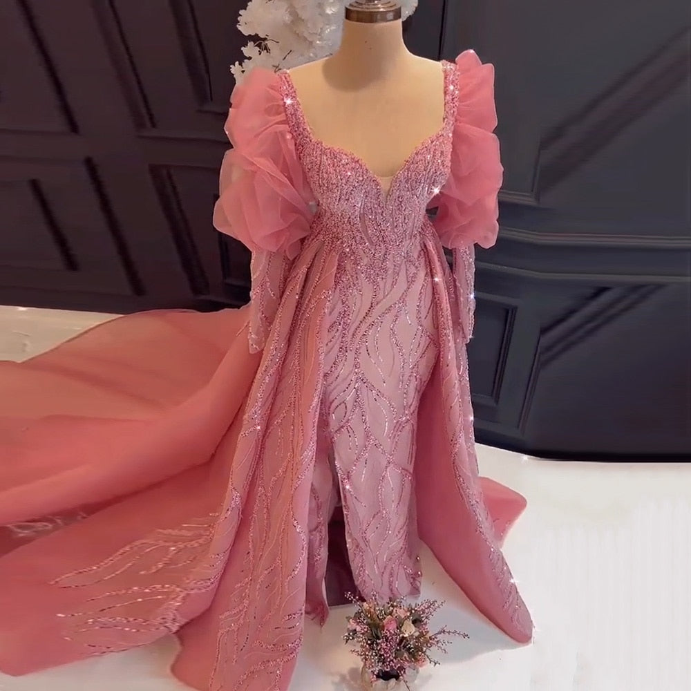 Dreamy Vow Luxury Dubai Pink Overskirt Evening Dress for Women Wedding Party Elegant Long Sleeve Muslim Formal Prom Gowns 254