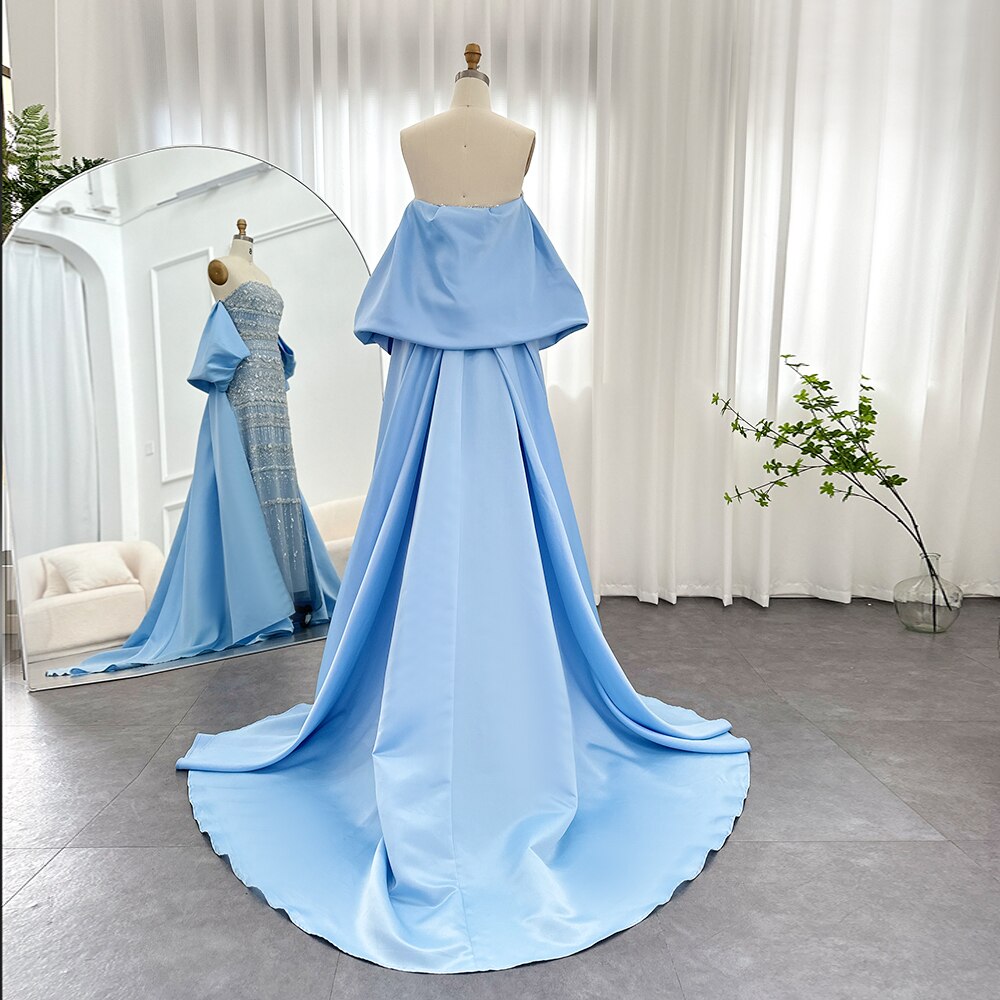 DreamyVow Luxury Dubai Sage Green Evening Dresses with Cape 2023 Arabic Blue Beaded Elegant Women Wedding Party Gowns 238