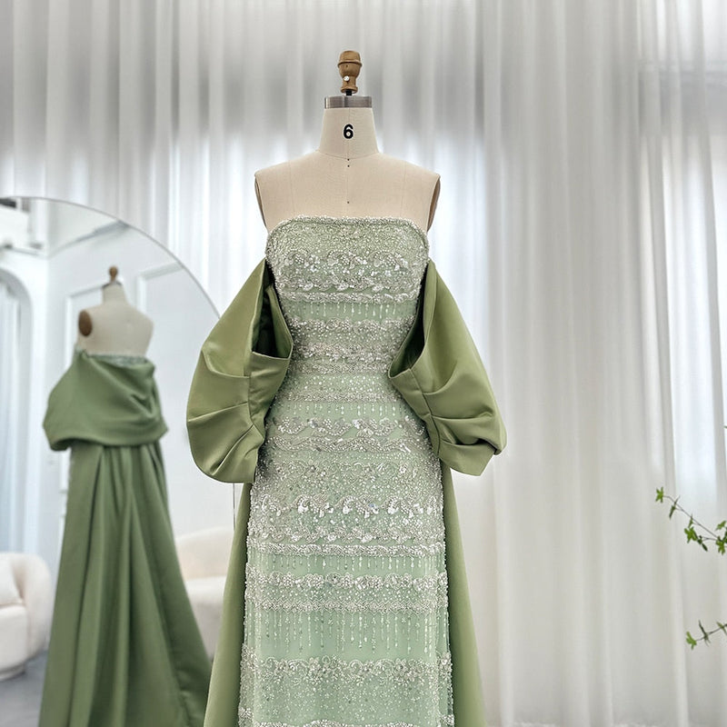 DreamyVow Luxury Dubai Sage Green Evening Dresses with Cape 2023 Arabic Blue Beaded Elegant Women Wedding Party Gowns 238