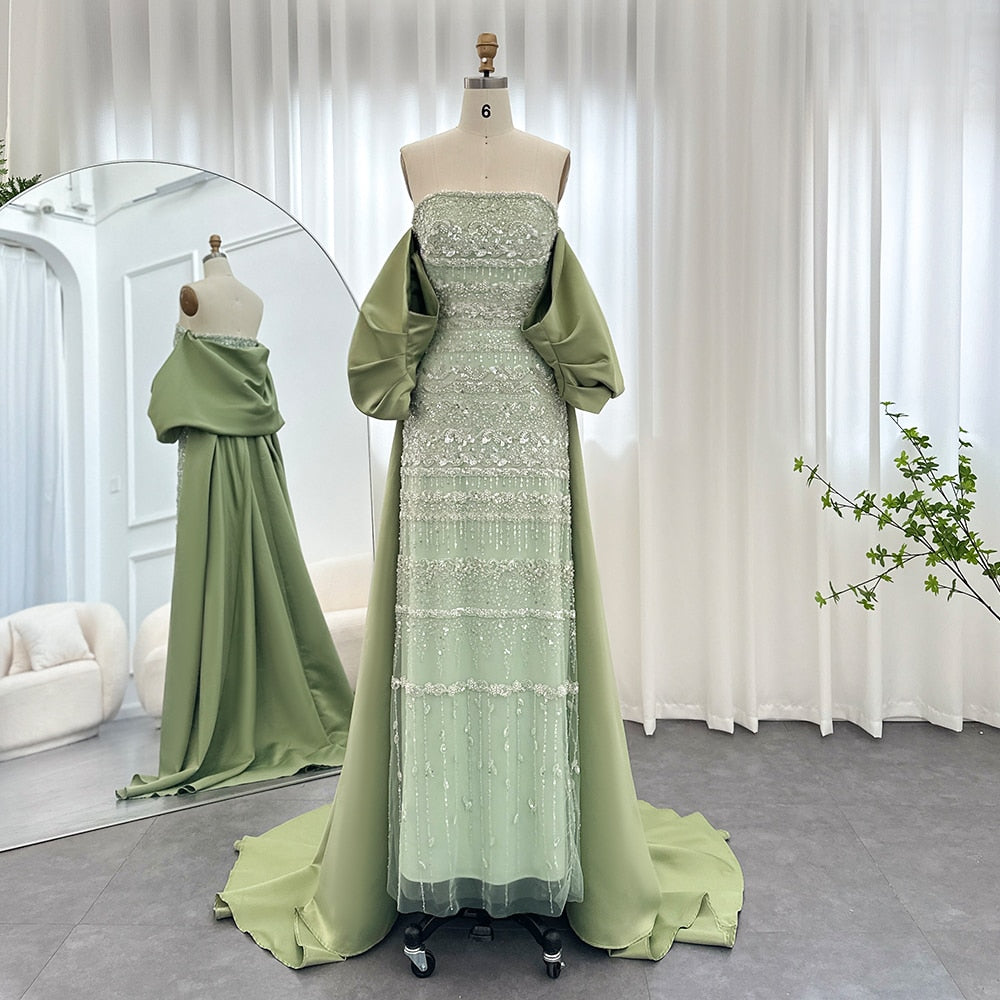 DreamyVow Luxury Dubai Sage Green Evening Dresses with Cape 2023 Arabic Blue Beaded Elegant Women Wedding Party Gowns 238