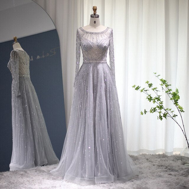 Dreamy Vow Luxury Dubai Silver Grey Evening Dress for Women Wedding Party Elegant Long Sleeve Beaded Muslim Formal Gowns 04