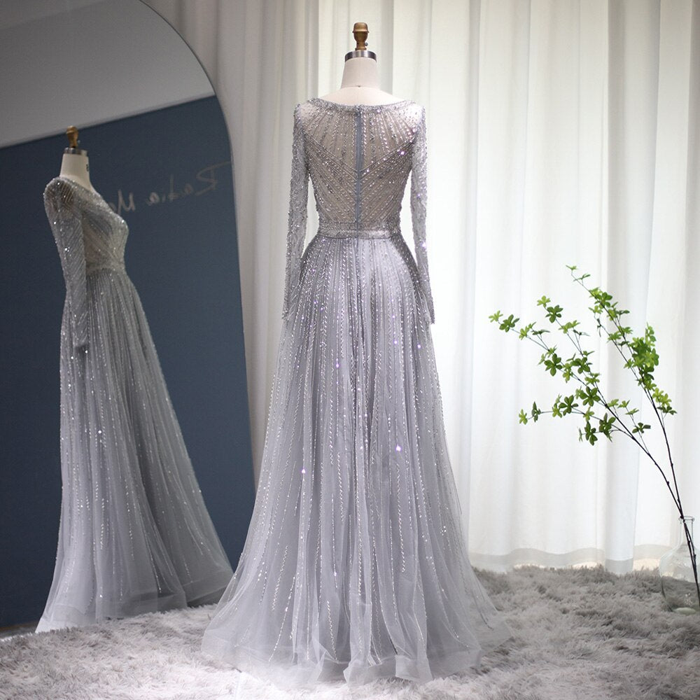 Dreamy Vow Luxury Dubai Silver Grey Evening Dress for Women Wedding Party Elegant Long Sleeve Beaded Muslim Formal Gowns 04