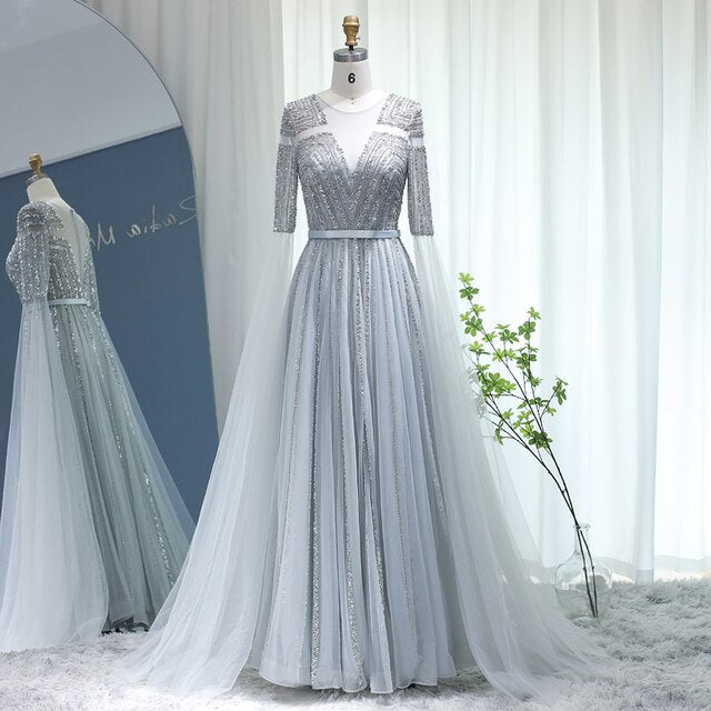 DreamyVow Luxury Dubai Silver Grey Evening Dresses with Cape Sleeves Arabic Champagne Muslim Wedding Formal Party Gowns 068