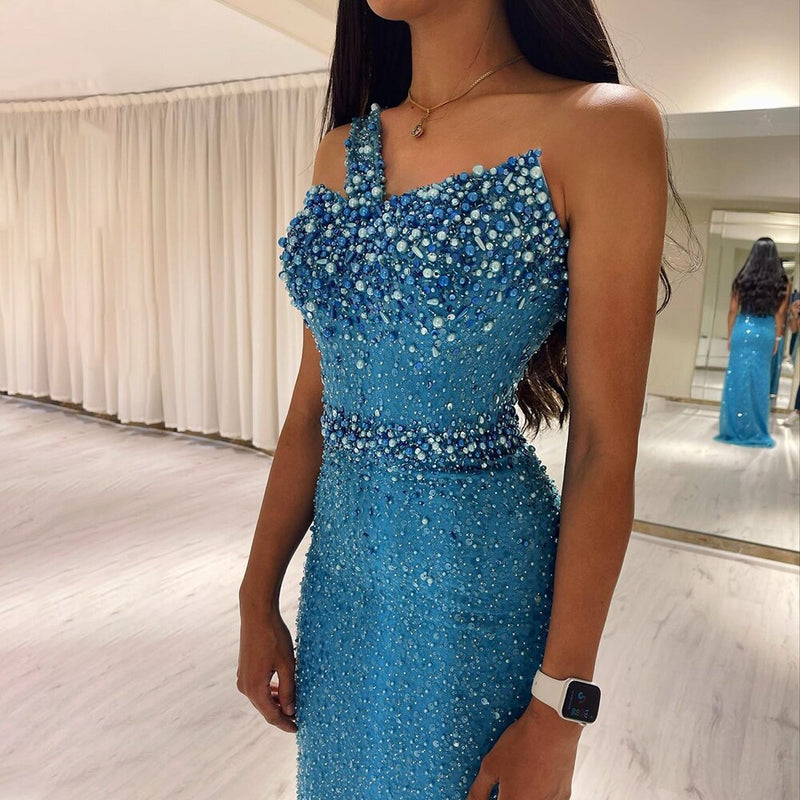 Dreamy Vow Luxury Dubai Turquoise Blue Mermaid Evening Dresses for Women Wedding One Shoulder Arabic Formal Party Gowns 336