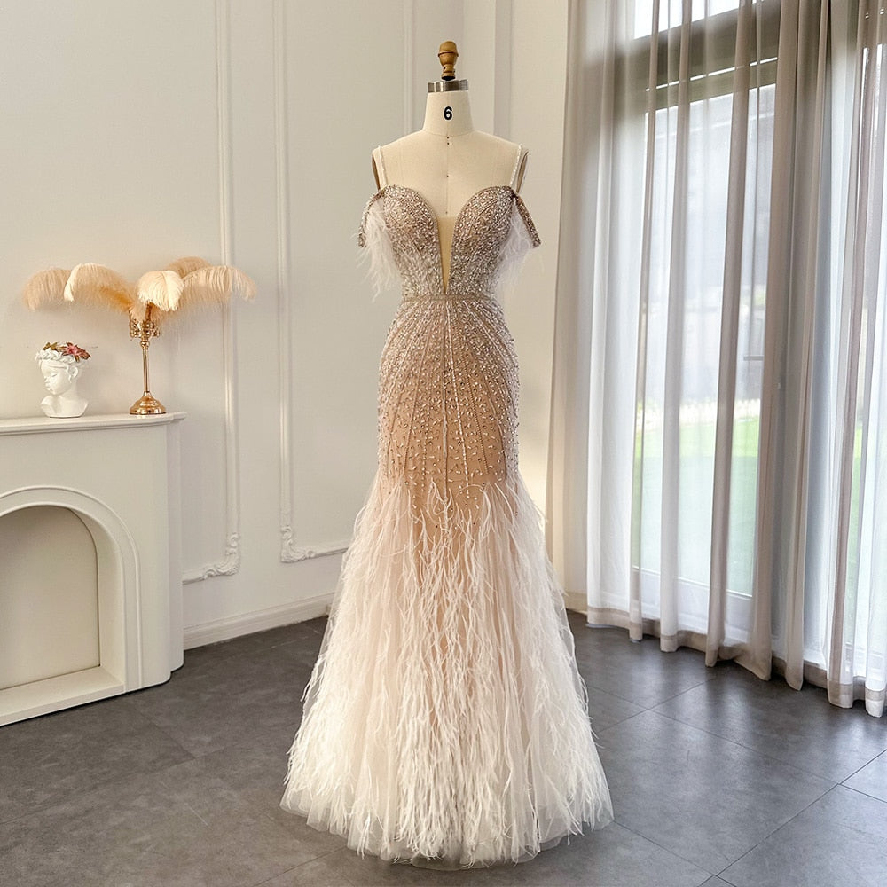 Dreamy Vow Luxury Feathers White Nude Prom Evening Dresses 2023 Elegant Burgundy Long Navy Blue Wedding Formal Party Gown 121