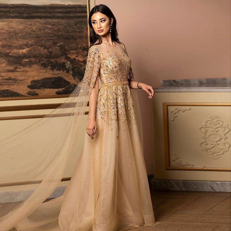 Dreamy Vow Luxury Gold Evening Dress with Cape Sleeve Crystal Silver Formal Dresses for Women Wedding Party 268