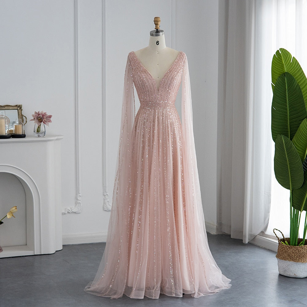 Dreamy Vow Luxury Nude Dubai Evening Dress with Cape Sleeves Blush Pink Arabic Formal Dresses for Women Wedding Party 322