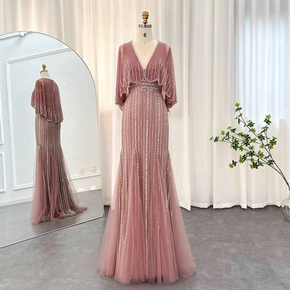 Dreamy Vow Luxury Pink Mermaid Dubai Evening Dresses with Cape 2023 Elegant V-Neck Arabic Women Wedding Formal Party Gown 284