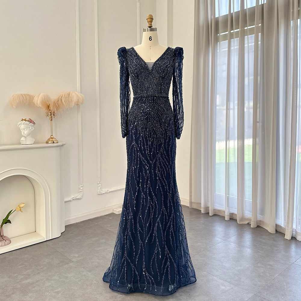 Dreamy Vow Navy Blue Mermaid Evening Dress for Women Wedding Elegant Emerald Green Long Sleeves Arabic Formal Party Gowns 099